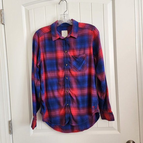 American Eagle Vintage Boyfriend Plaid Top PS Button Shirt Blue Red Flannel - Picture 3 of 16